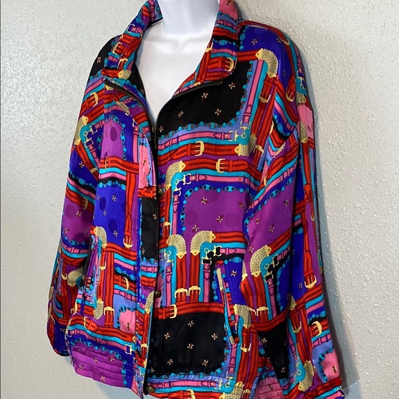 VNTG Mureli 100% Silk Vibrant Purple and Red Bomber Jacket with Artistic Flair - Picture 5 of 10